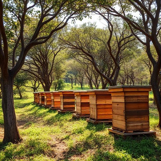 Tree Plantation & Apiary — beehives under trees in a natural forest setting